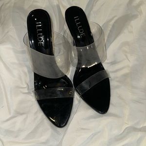 Black open toe pointed heels